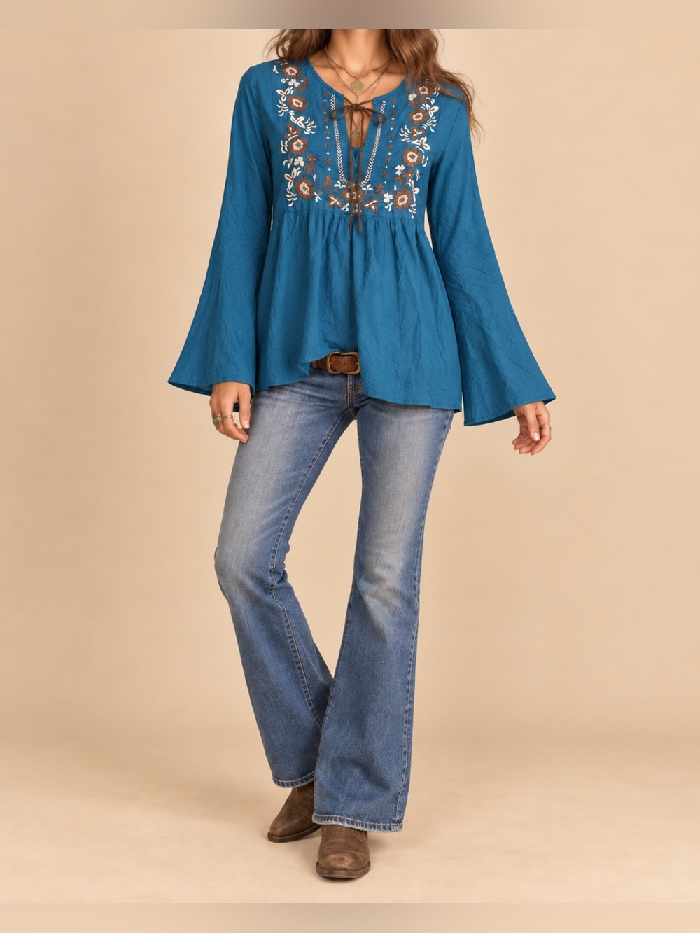 NWOT Vintage Angie Teal Embroidered Boho Tunic Top Medium